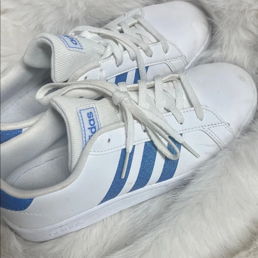 adidas Kids White Sneakers with Blue Glitter Stripes - Picture 3 of 5
